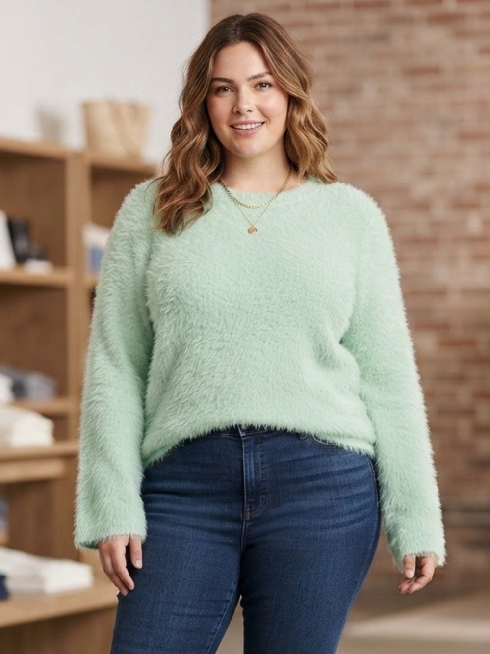Lane Bryant Mint Green Fuzzy Eyelash Knit Crewneck Sweater Plus Size 18/20